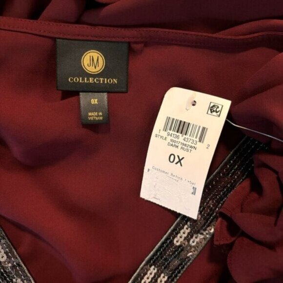 JM Collection Plus Size Burgundy Sequined-Neck 3/4-Sleeve Top NWT - Picture 3 of 6